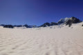 A vast glacier snowfield stretching beneath the jagged dark peaks of the Southern Alps under a deep blue sky