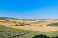 A wide Tuscan valley after harvest, pale shorn fields curving between green margins, a hill town on the far ridge