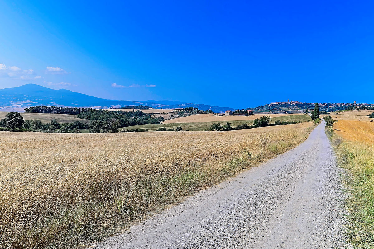 A white strada bianca running straight to the horizon between wheat and worked field, a hill town small in the distance